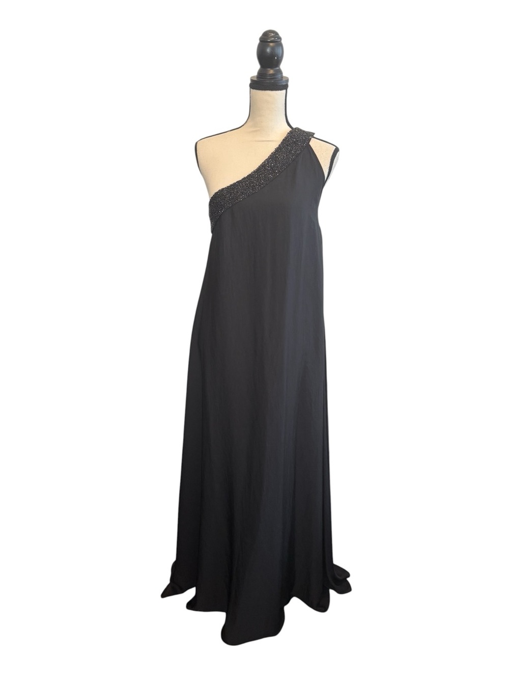 NWT THEO Women's Black One Shoulder Goddess Evening Cocktail Gown M-MSRP $495